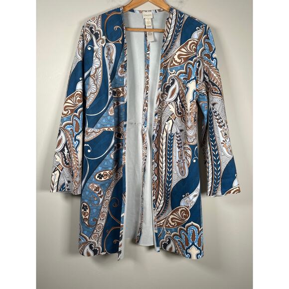 Chico's Sweaters - Chicos Baroque-Printed Cardigan Size 1 M Long Open Stretch Paisley Faux Suede